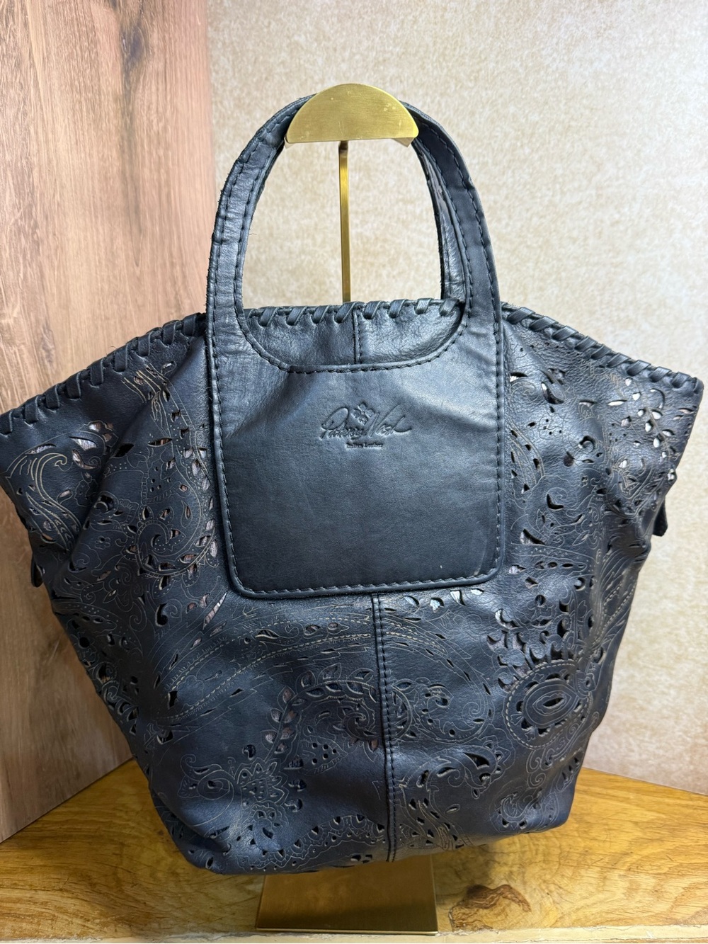 Patricia Nash Black Leather Cutout Tooled Adeline Tote Bag